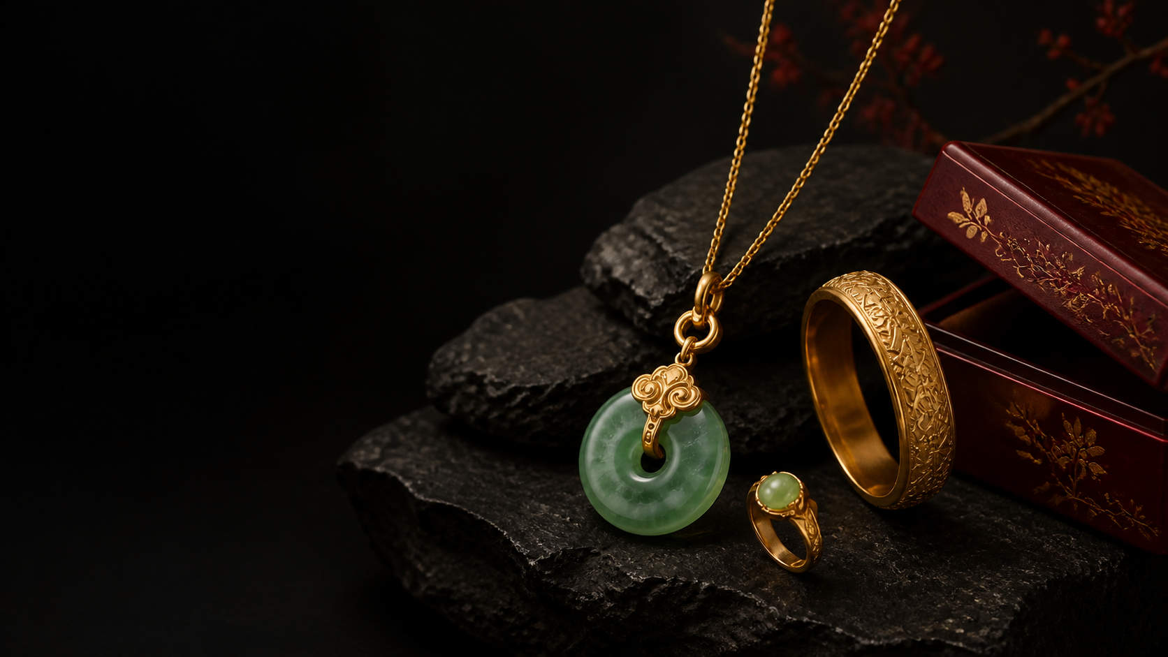 Jade pendant and gold jewellery on black stone
