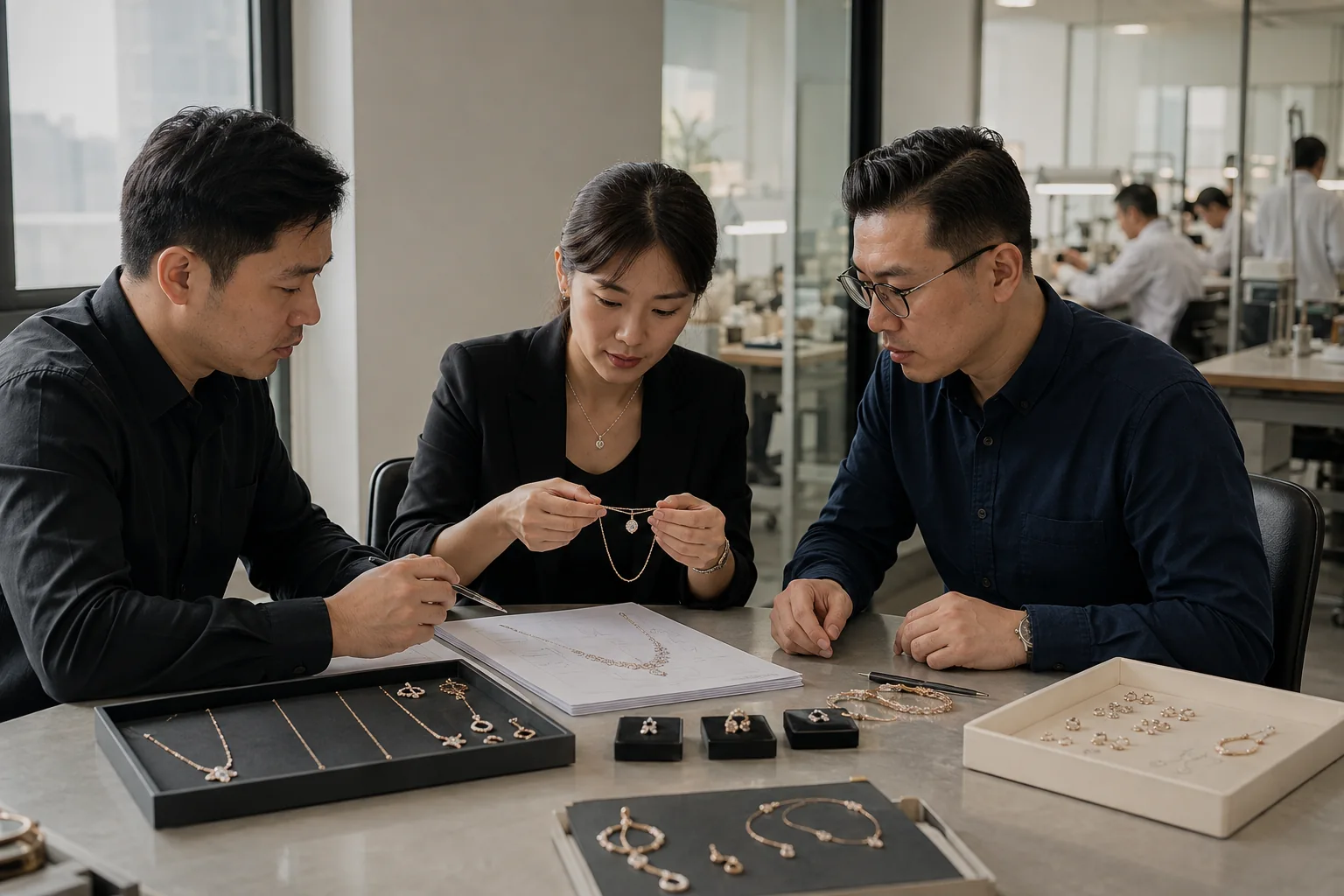 Editorial jewelry manufacturing and quality-control scene for How to Choose a Private Label Jewelry Manufacturer.