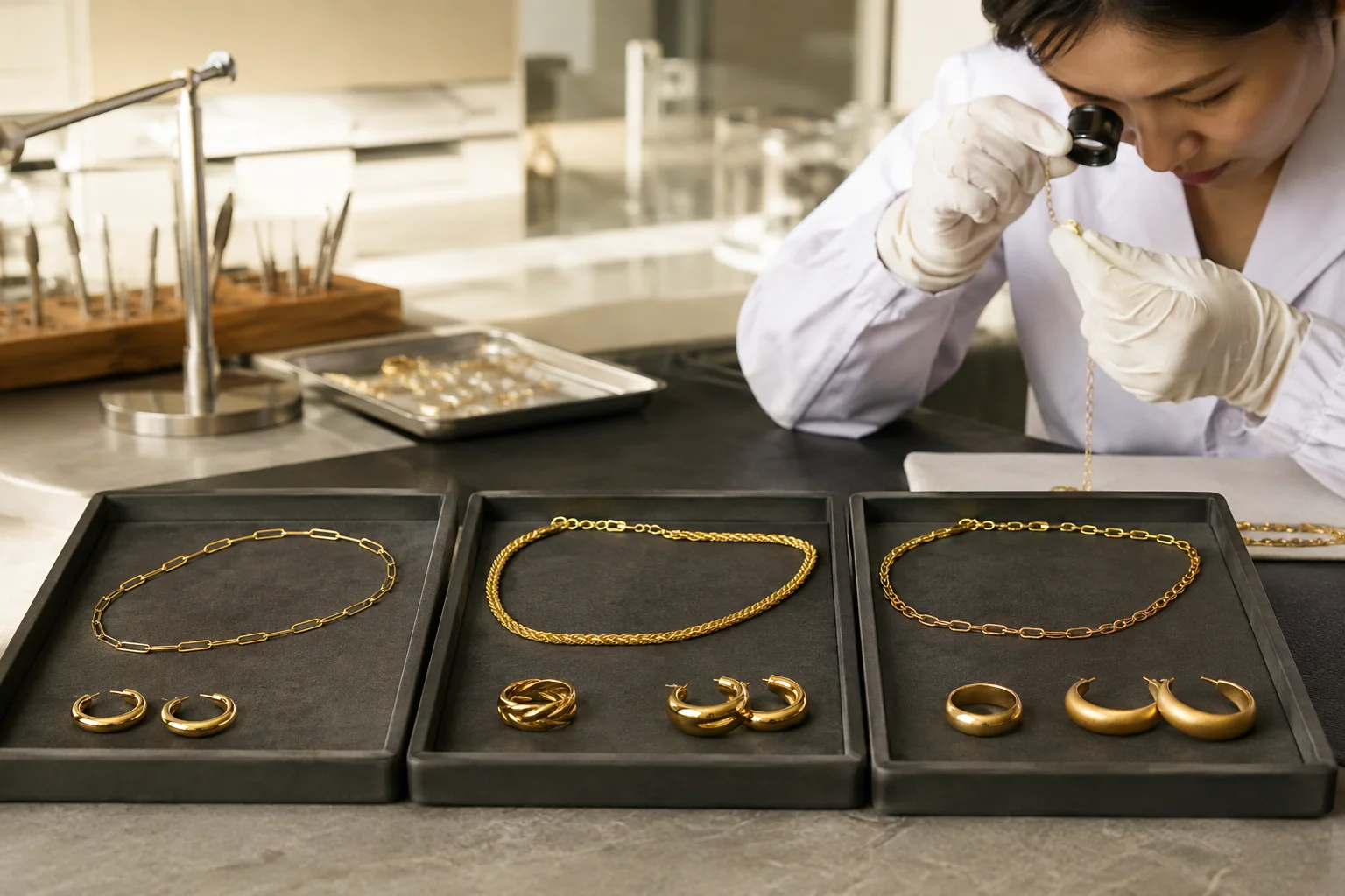 Editorial jewelry manufacturing and quality-control scene for Gold Vermeil vs. Gold-Plated vs. PVD Stainless Steel.