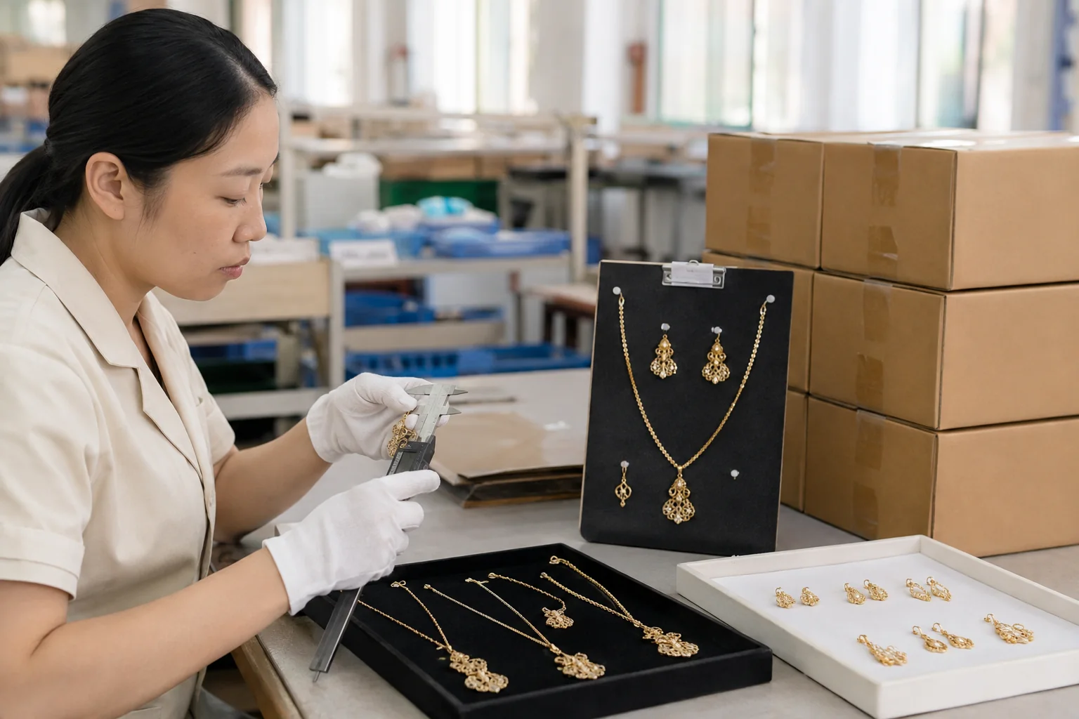 Editorial jewelry manufacturing and quality-control scene for Jewelry Sample Approval and Pre-Shipment Inspection.