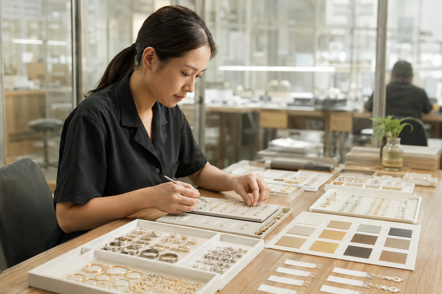 Editorial jewelry sourcing scene illustrating fashion jewelry product review and production planning.