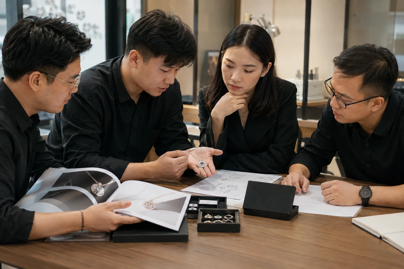 Editorial jewelry sourcing scene illustrating costume jewelry product review and production planning.