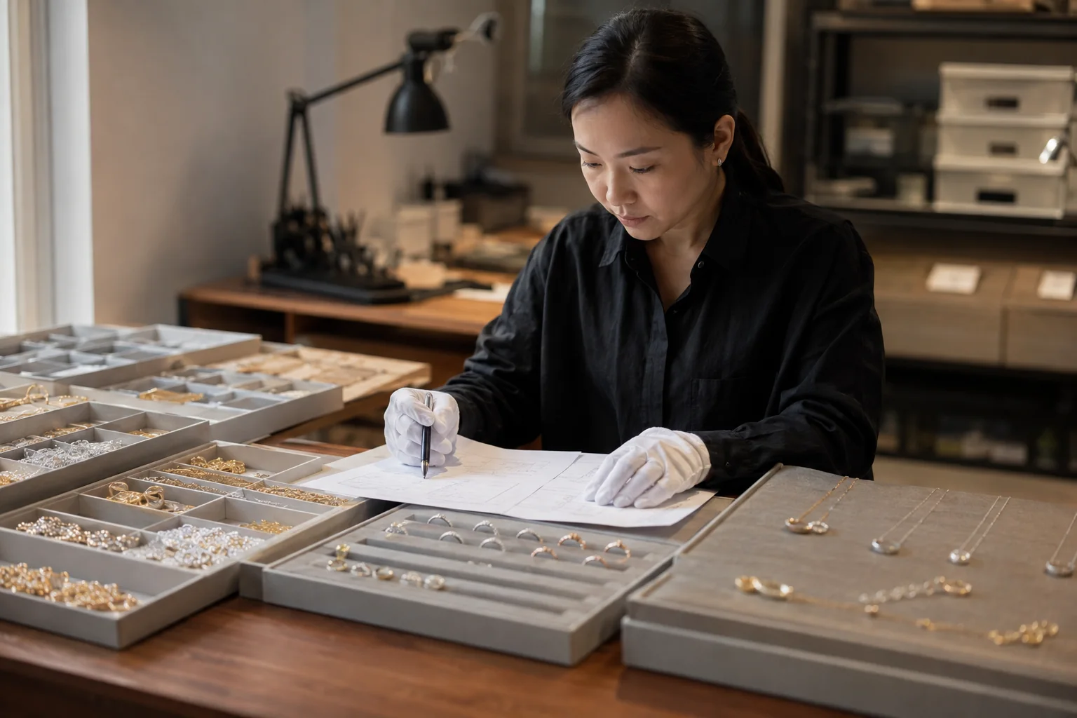 Editorial jewelry manufacturing and quality-control scene for Jewelry Compliance Documents for EU and US Buyers: A Practical Request List.