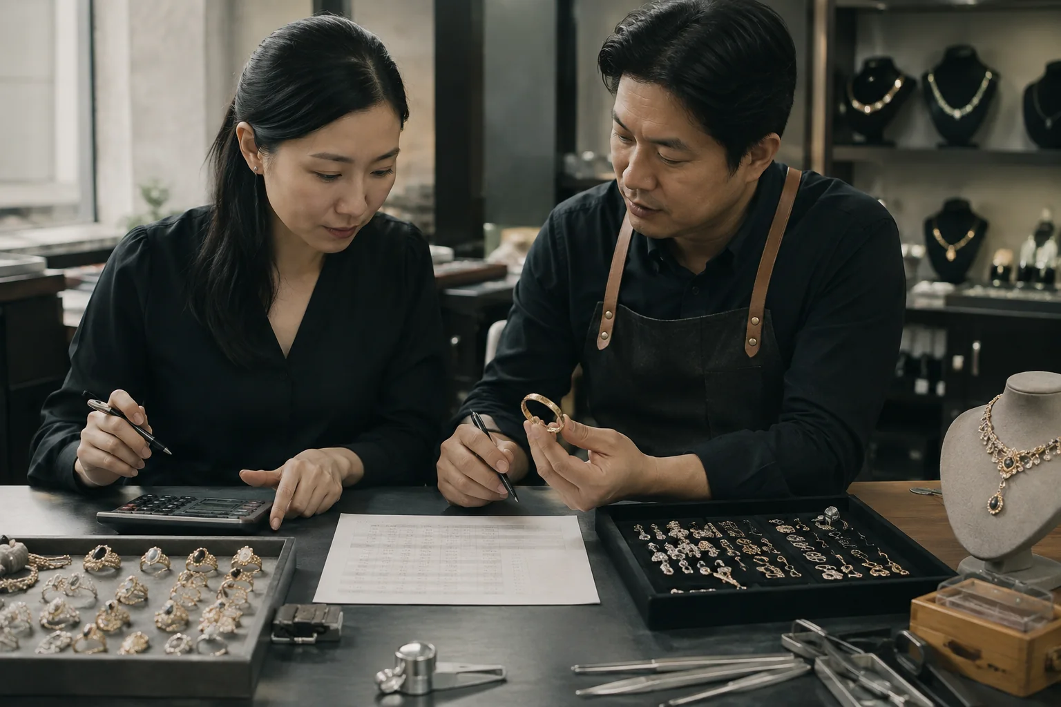 Editorial jewelry manufacturing and quality-control scene for How to Compare Jewelry Manufacturer Quotes: A Buyer’s Cost and Scope Checklist.