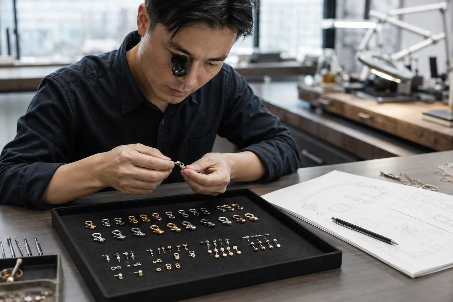Necklace samples arranged for a buyer review at a jewelry production table.