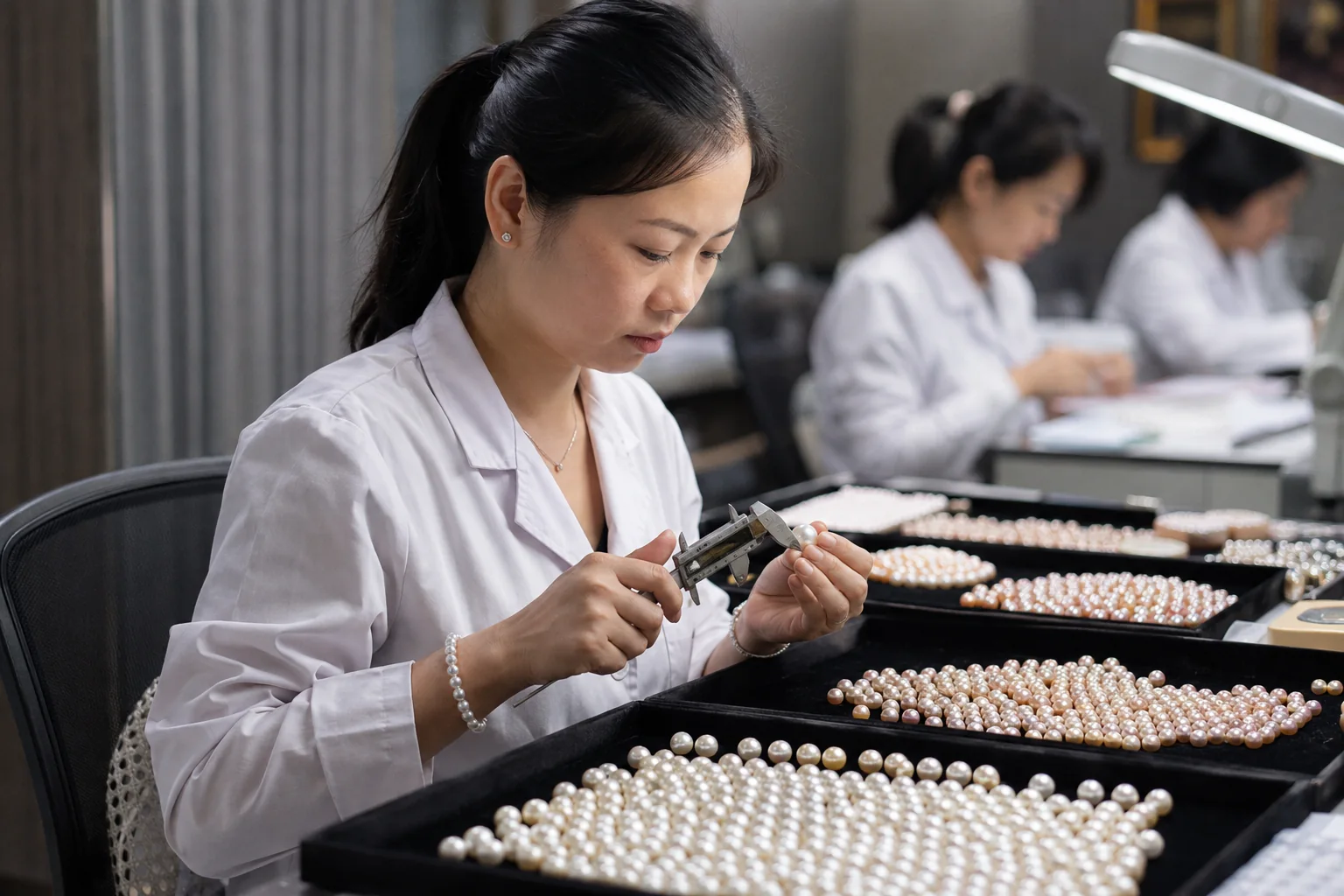 Editorial jewelry manufacturing and quality-control scene for Pearl Types for Jewelry Collections: A B2B Buyer’s Sourcing Guide.