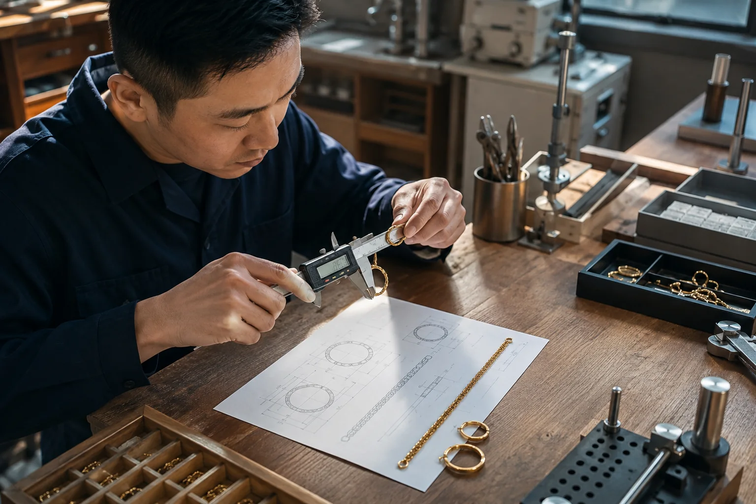 Editorial jewelry manufacturing and quality-control scene for Jewelry Size Specification Guide: Rings, Chains, Bracelets, and Earrings.