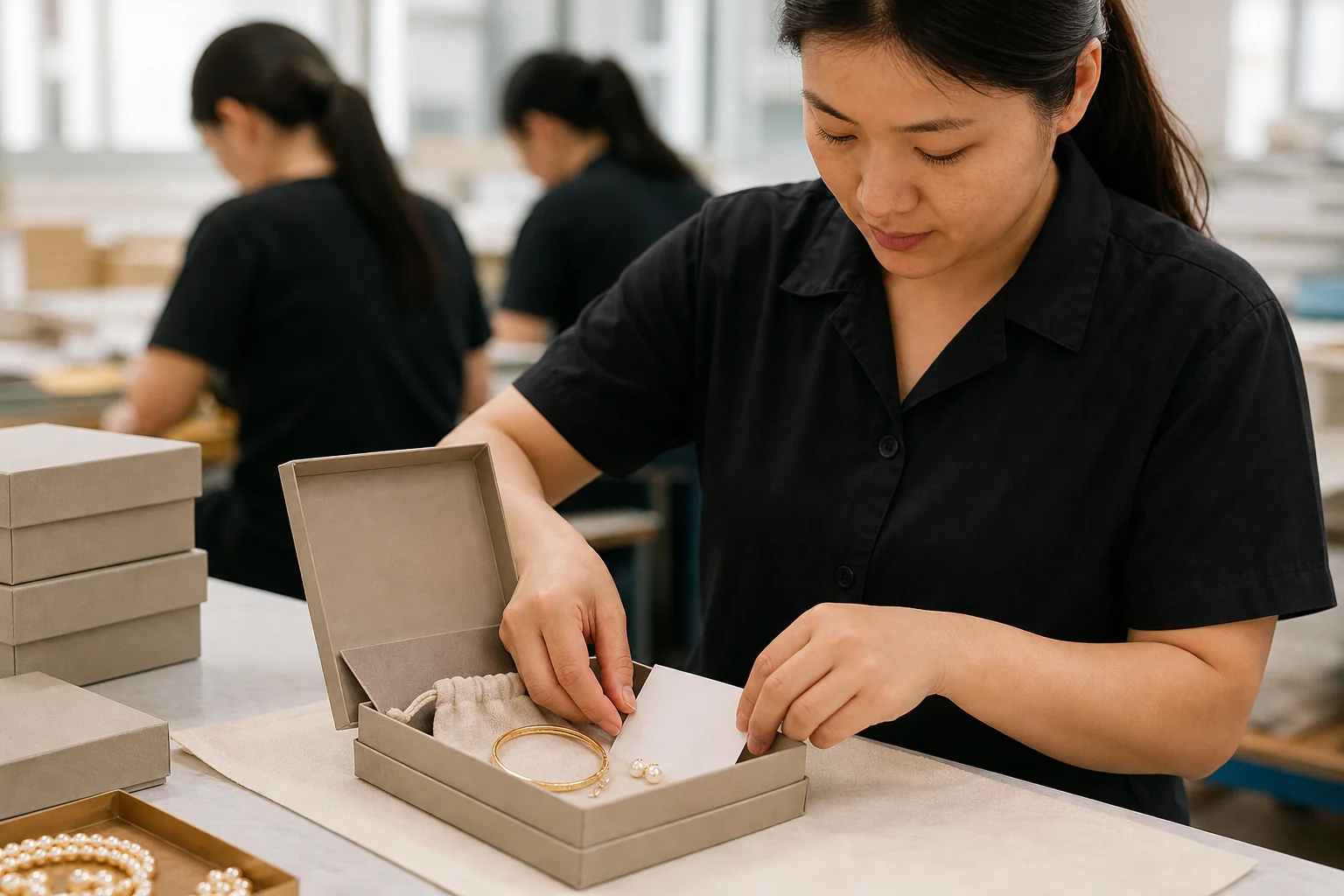Editorial jewelry manufacturing and quality-control scene for How to Create Jewelry Care Instructions for Private-Label Brands.