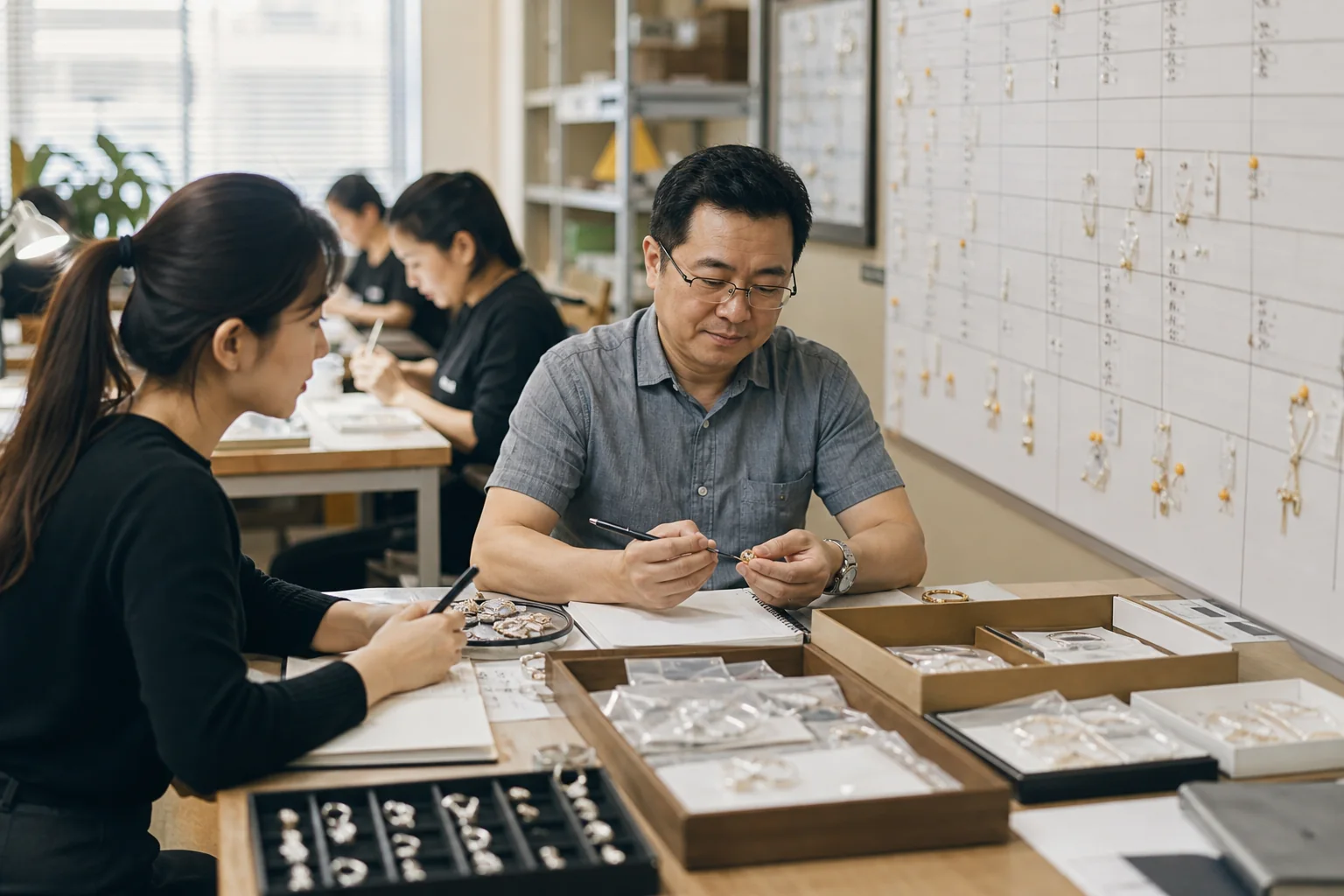 Editorial jewelry manufacturing and quality-control scene for Jewelry Production Timeline: From Approved Sample to Shipment Handover.