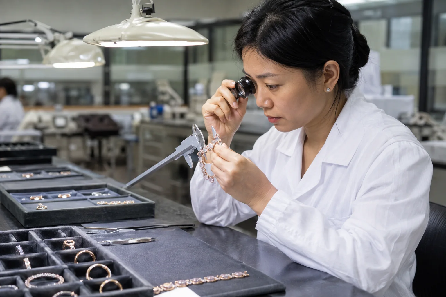 Editorial jewelry manufacturing and quality-control scene for Jewelry Defect Classification: A Practical QC Guide for Buyers.