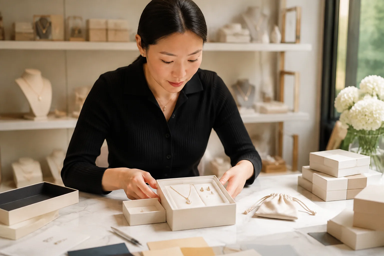 Editorial jewelry manufacturing and quality-control scene for Jewelry Gift Set and Bundle Planning for Private-Label Brands.