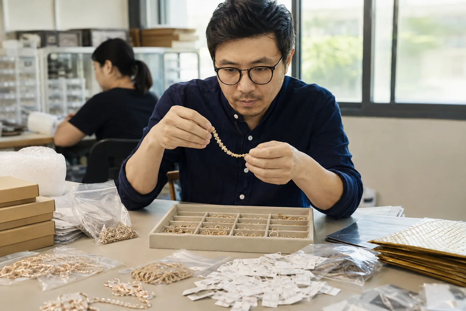 Editorial jewelry manufacturing and quality-control scene for Jewelry Reorder Planning for Wholesale Buyers: When to Replenish a Proven SKU.