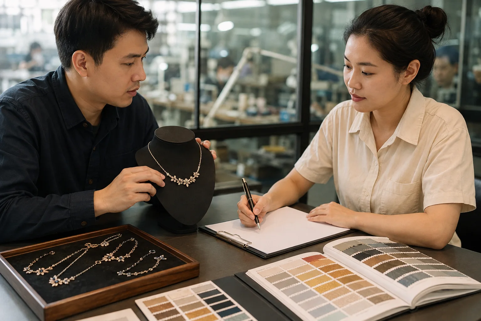 Editorial jewelry manufacturing and quality-control scene for Jewelry Supplier Communication Checklist: Questions to Resolve Before Bulk Production.