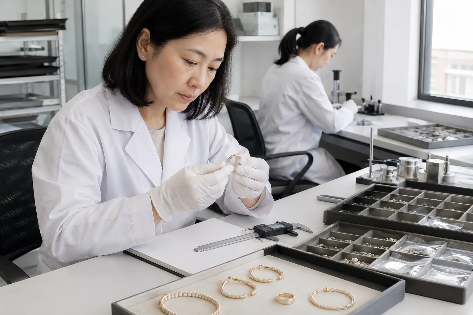 Editorial jewelry manufacturing and quality-control scene for EU Jewelry Nickel Release: A Sourcing Brief for Skin-Contact Products.