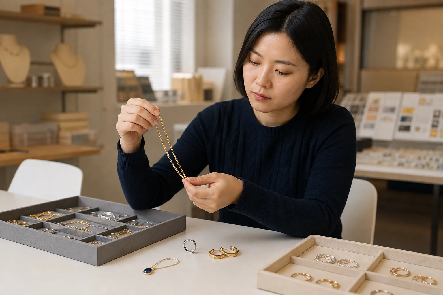 Editorial jewelry manufacturing and quality-control scene for US Jewelry Material Claims Checklist: Gold, Silver, Plating, and Gemstone Copy.