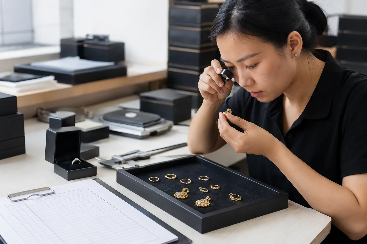 Editorial jewelry manufacturing and quality-control scene for UK Jewelry Hallmarking Supplier Brief: Questions to Ask Before Production.