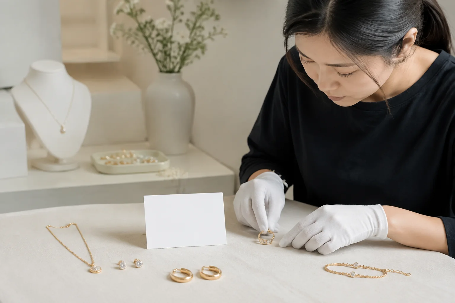 Editorial jewelry manufacturing and quality-control scene for Cross-Border Jewelry Product Page Checklist for Europe, the U.S., and UAE.