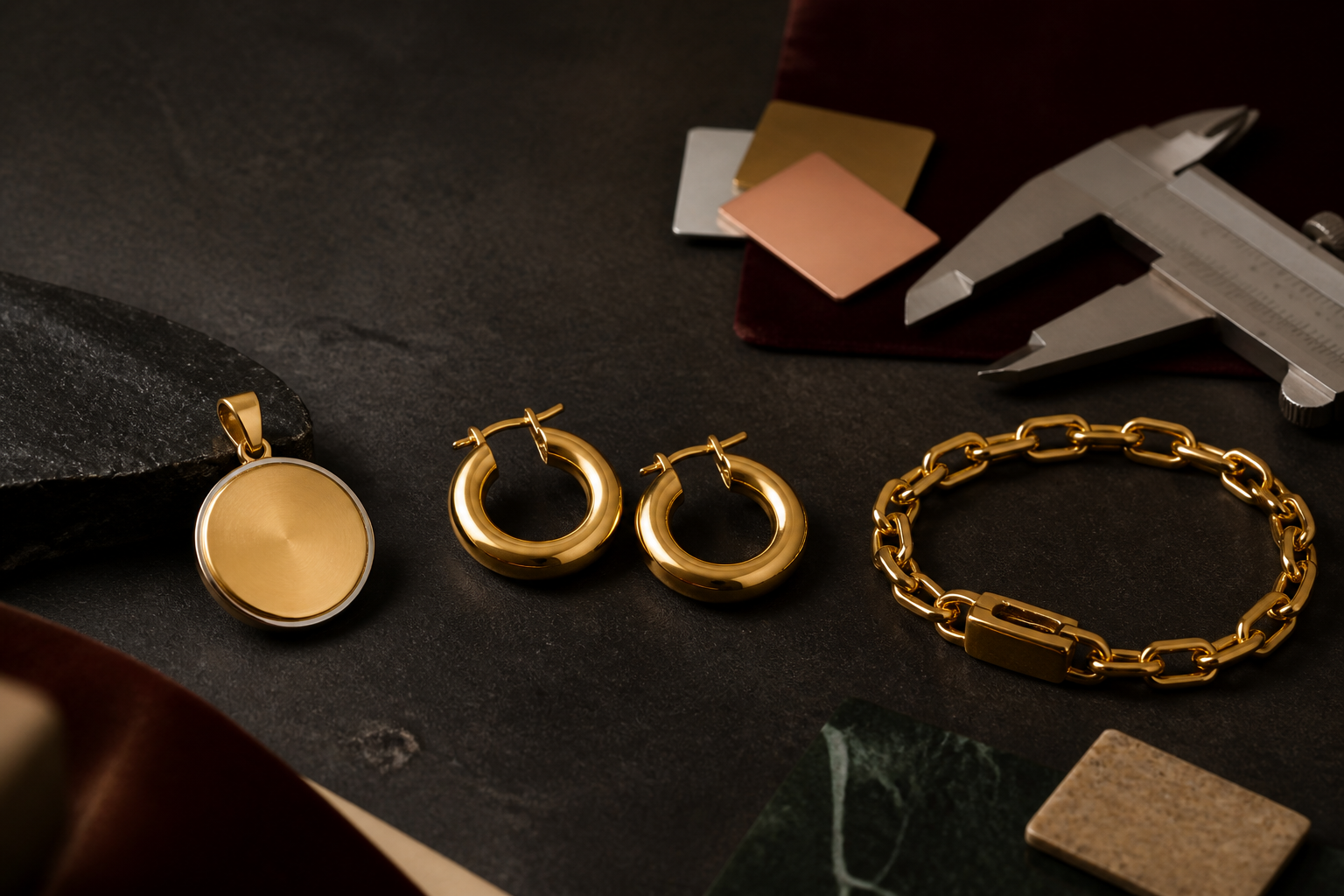 Close comparison of gold vermeil, gold-plated, and gold PVD stainless steel jewelry finishes.