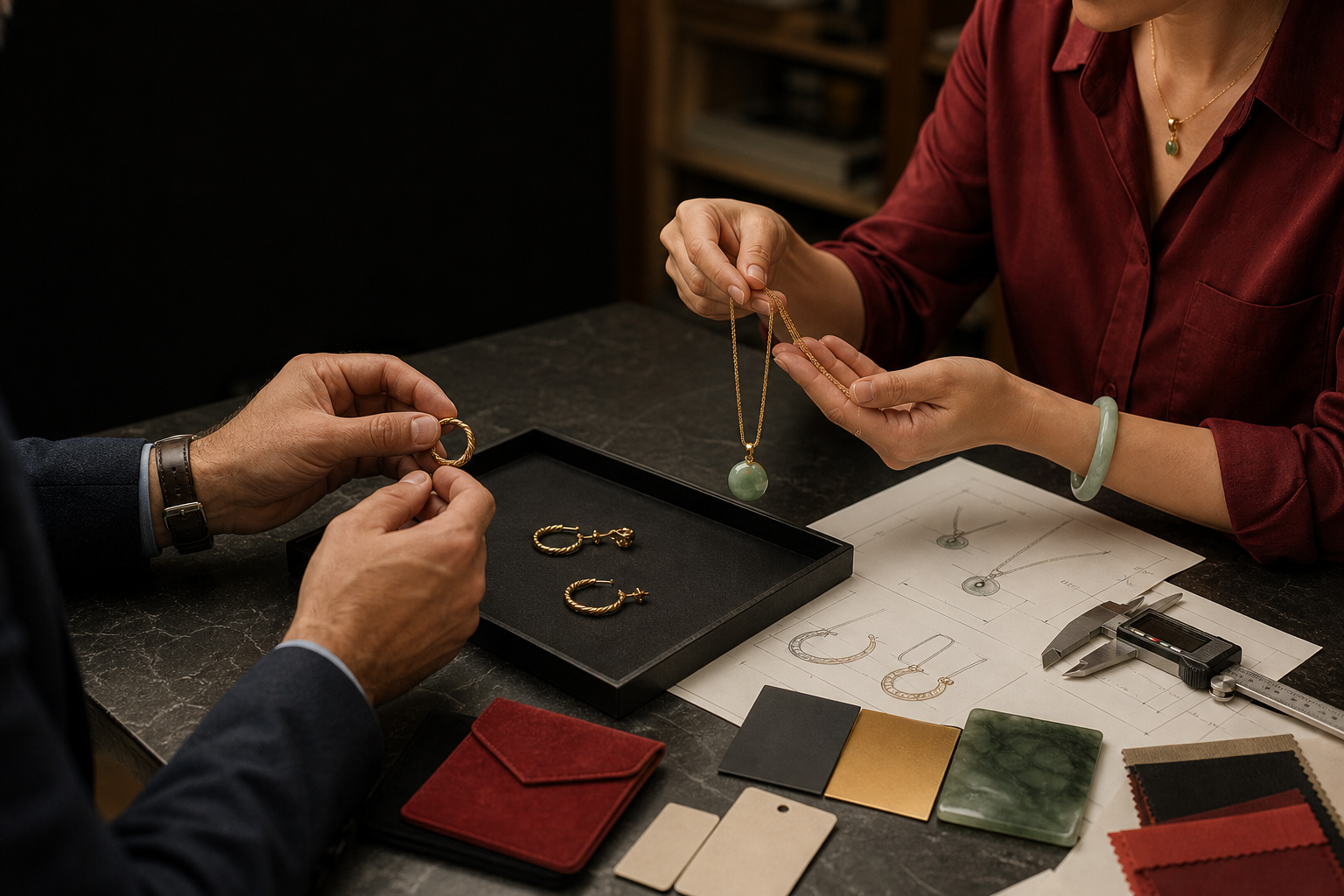 Jewelry buyer and factory team reviewing private-label samples, components, and production specifications.
