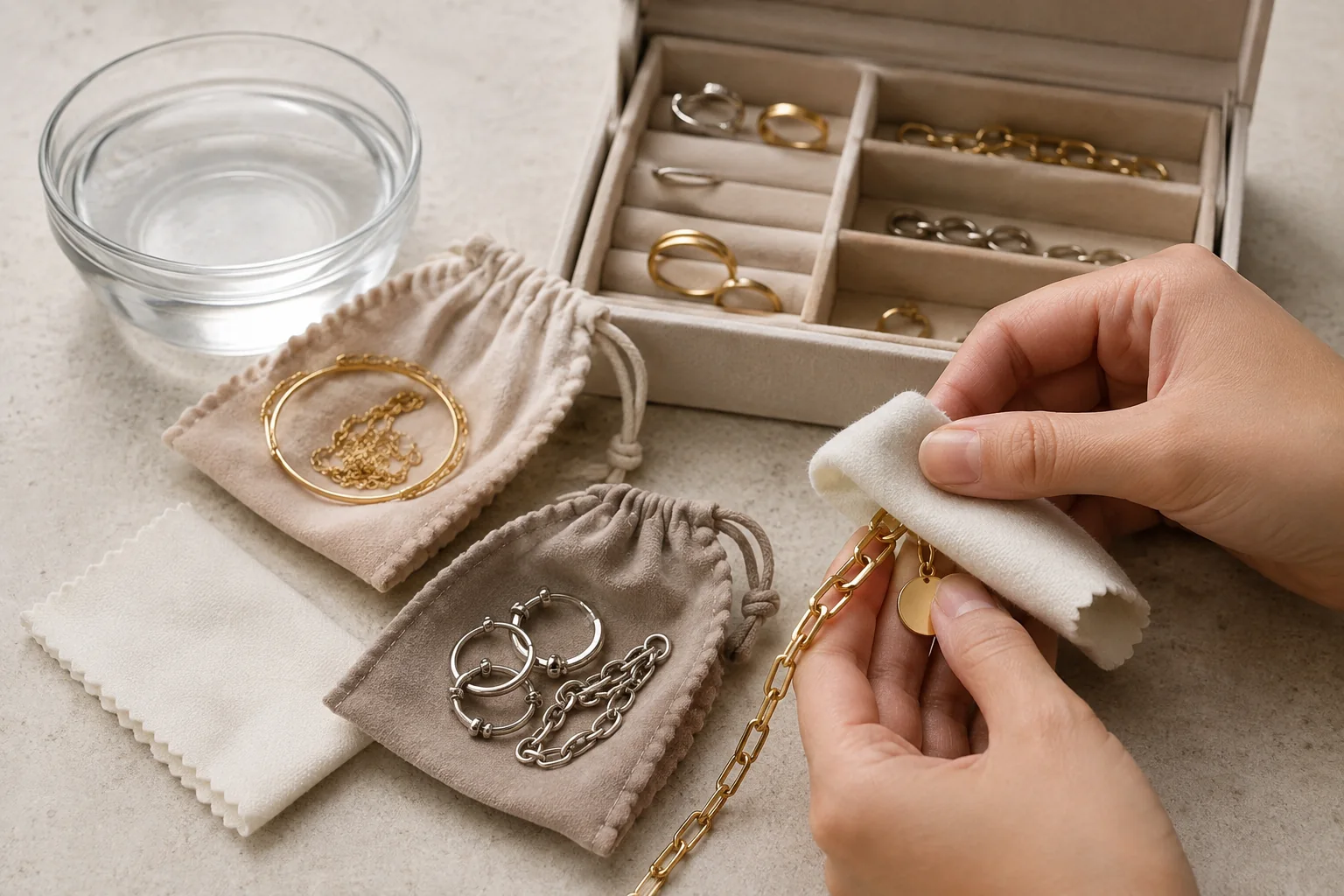 Jewelry stored separately in soft pouches and a compartment box while a necklace is gently wiped.