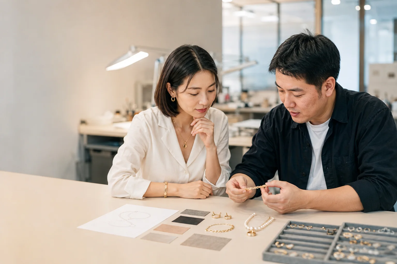 Jewelry buyer reviewing samples and sourcing details at a worktable
