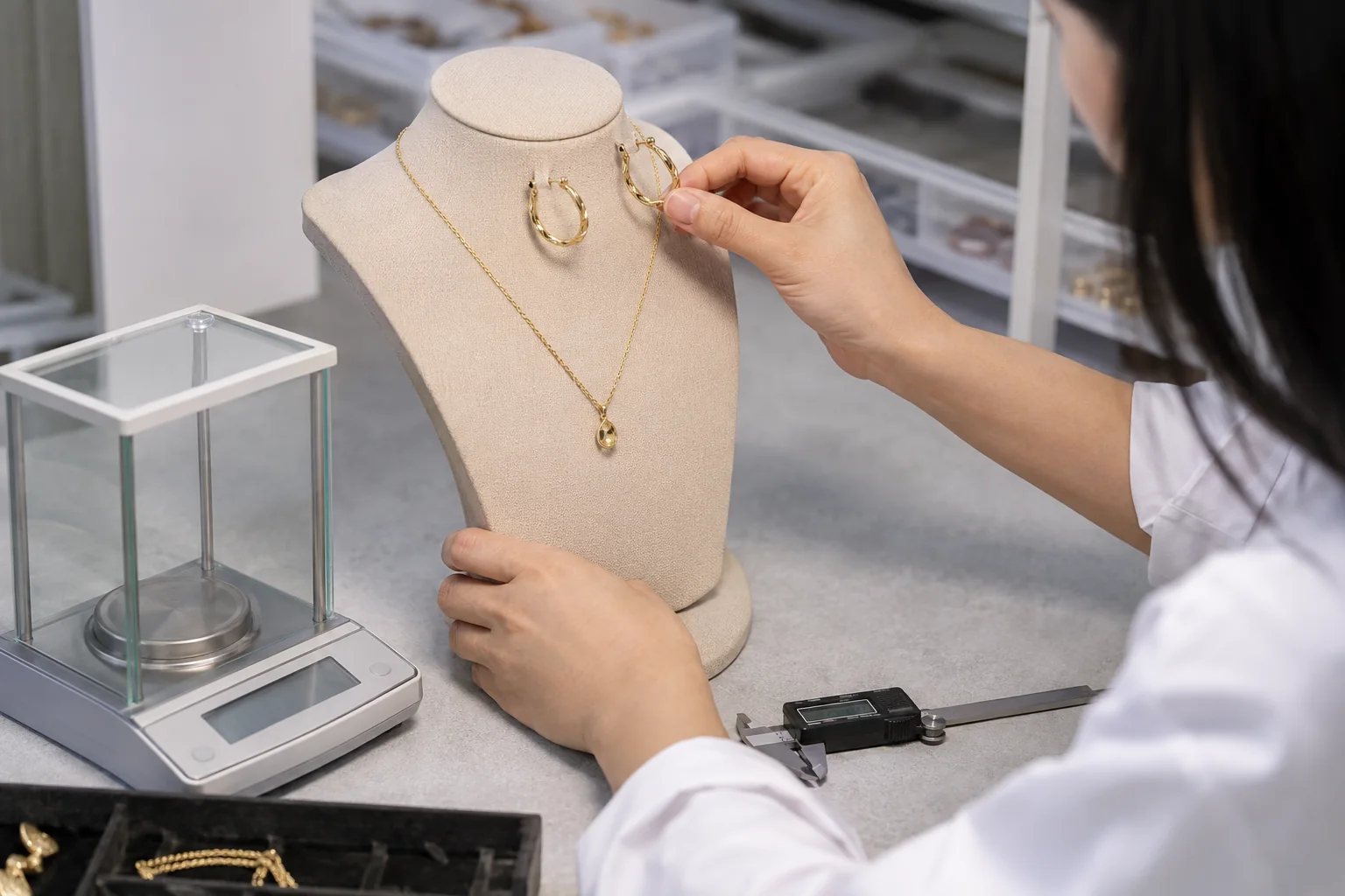 Jewelry technician evaluating the balance of hoop earrings and a pendant with precision tools.