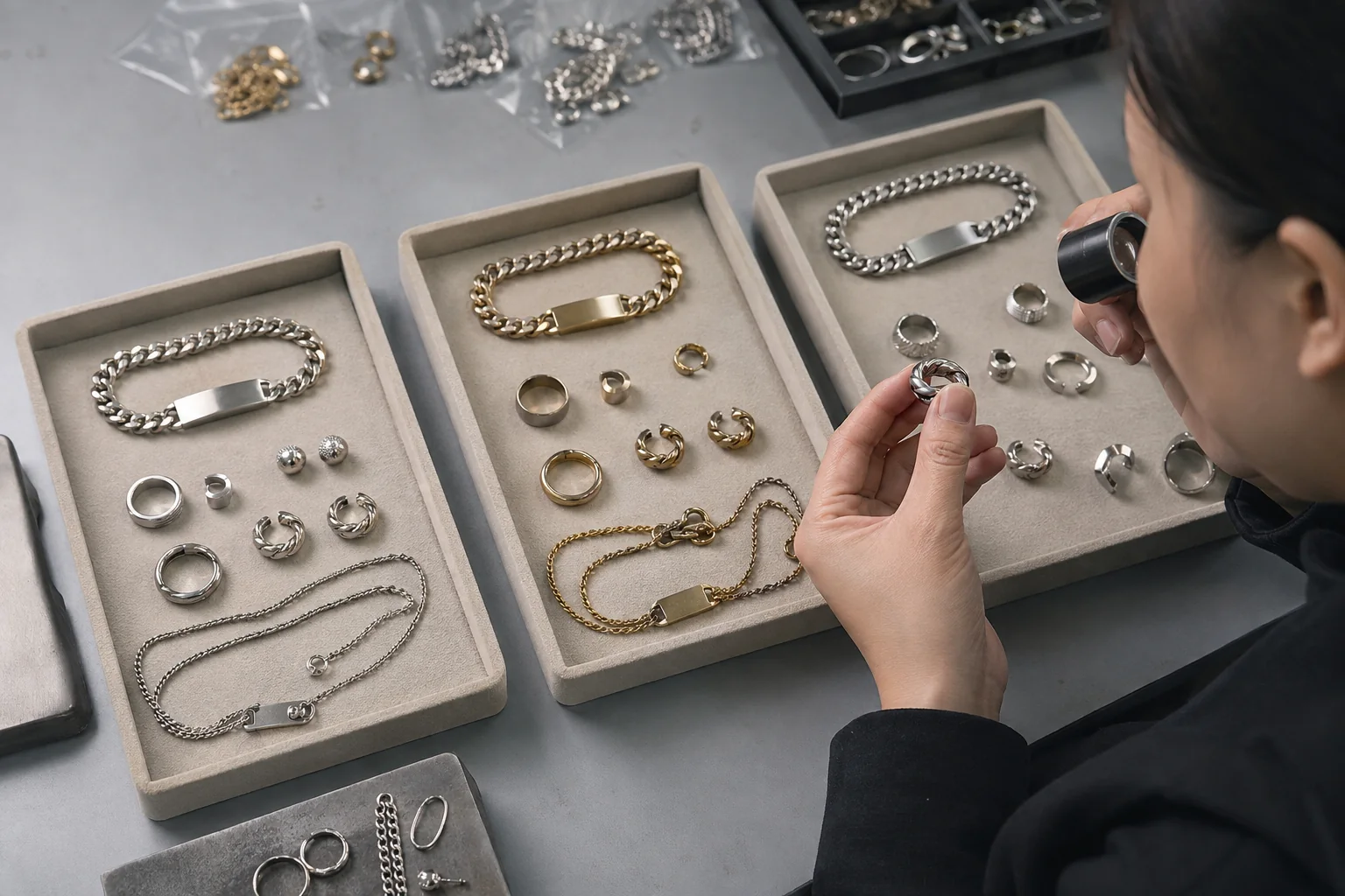 Jewelry sourcing specialist comparing stainless steel, brass-tone, and alloy sample pieces on a worktable.