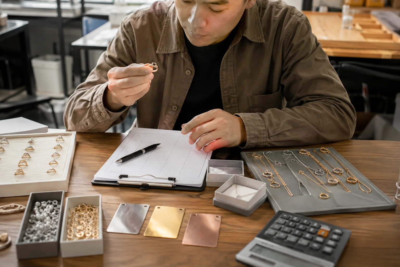 Jewelry sourcing manager reviewing fashion jewelry samples, packaging, and a cost-planning worksheet at a worktable.