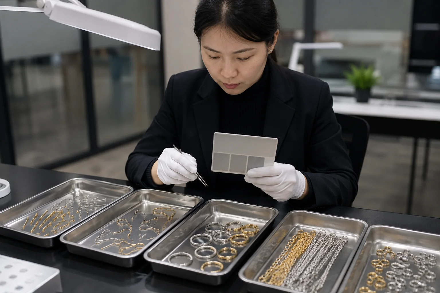 Jewelry contact components arranged for a material and skin-contact review at a quality-control table.