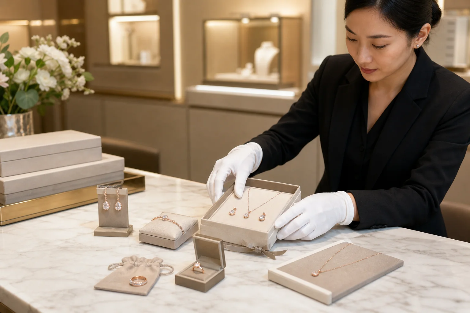 Jewelry assortment arranged in unbranded gift packaging while a merchandiser prepares the presentation.