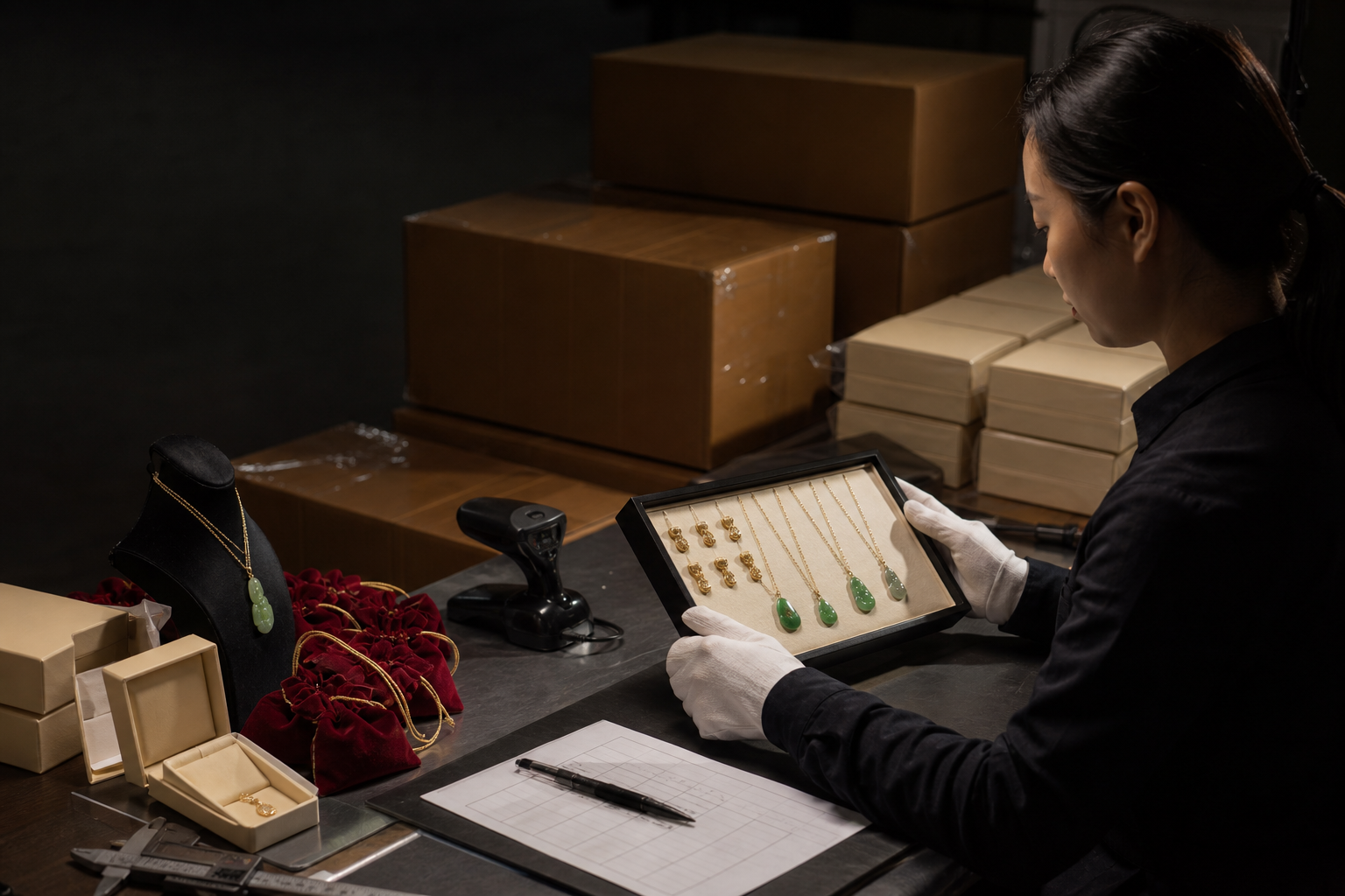 Jewelry quality inspector checking finished pieces and packed cartons before shipment.